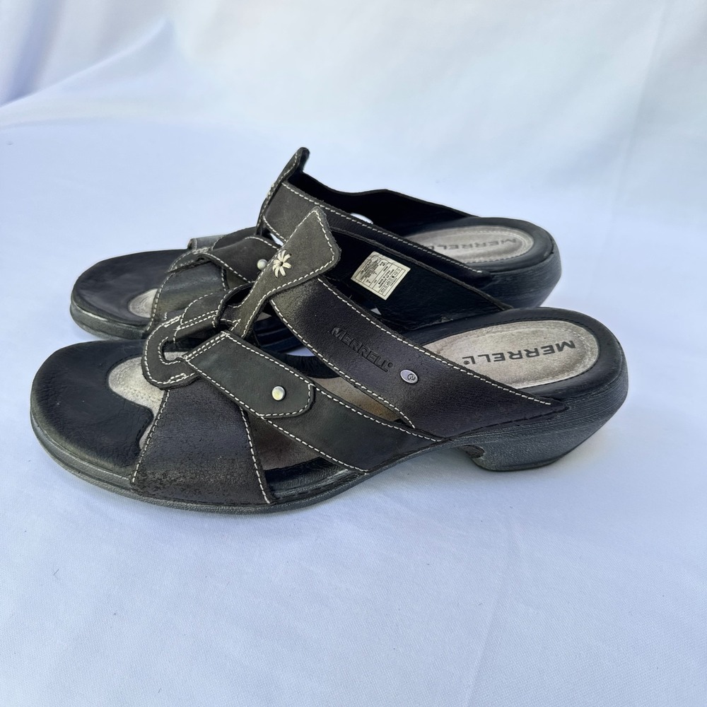 Merrell Luxe J89390 Sandals Womens US 9 Black Leather Open Toe Slip On Slides